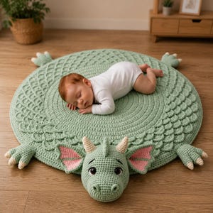 May include: A baby lies asleep on a light green crocheted dragon-shaped play mat. The mat has a round body with scale detailing, four clawed feet, and a dragon head with horns and pink wings. The baby is wearing a white onesie.