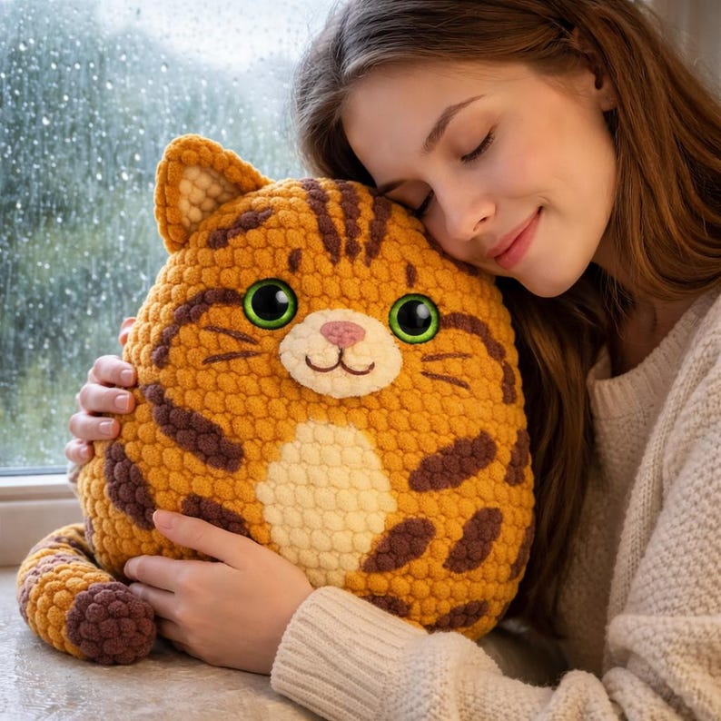 May include: A plush, orange and brown tabby cat pillow with large green eyes and a pink nose. The handmade cat pillow has a round body and a smiling face. The pillow is being held by a person.