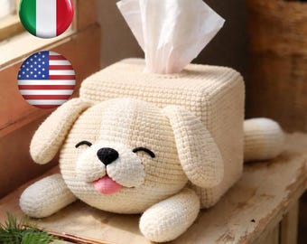 Patrón de crochet para funda de caja de pañuelos de perro / Amigurumi de cachorro Pug en PDF / Lindo porta pañuelos / Patrón de crochet para principiantes / Descarga digital