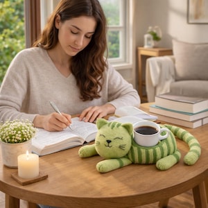 May include: A green and light green crocheted cat-shaped mug cozy with a white coffee cup. The cat has a smiling face and striped details. A lit candle and a small potted plant are on the table. A person is writing in a book.