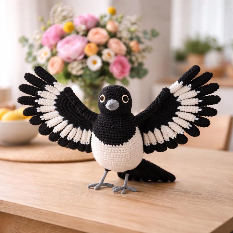 May include: A crocheted magpie bird with open wings, crafted in black and white yarn. The bird has a black head, wings, and tail, with a white chest and wing detailing. It is positioned on a wooden table, showcasing its handmade quality.