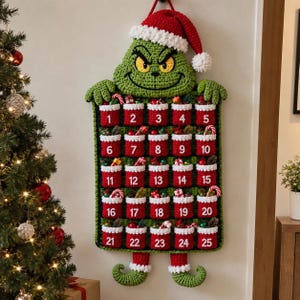 Grinchens adventskalender virkmönster, julväggbonad i PDF-format, juladventskalender med 25 fickor, virkad Grinchendekor, gör-det-själv-present