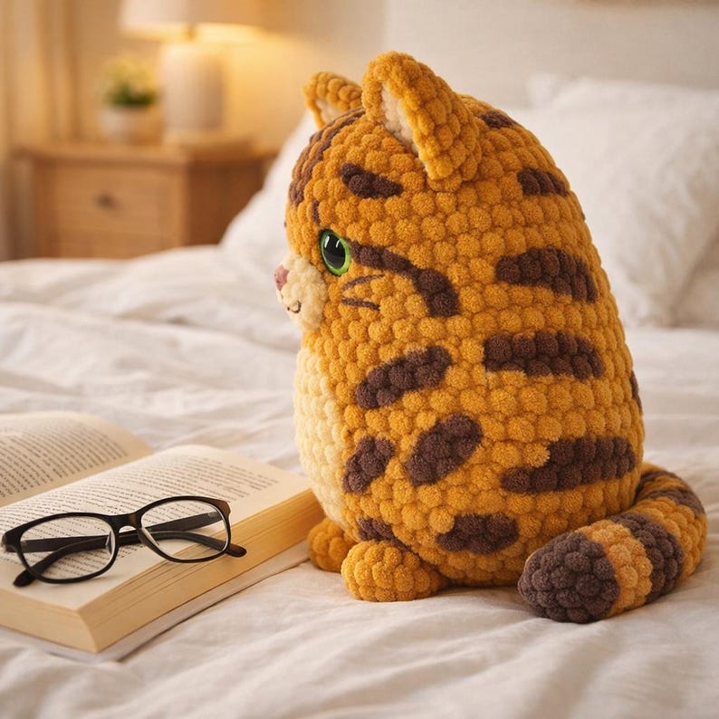 May include: A handmade, plush cat toy in shades of orange and brown, with green eyes and a pink nose. The cat is sitting on a bed next to an open book and a pair of black eyeglasses. The cat has dark brown stripes.
