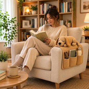 May include: A beige crochet armchair organizer featuring a plush, sleeping dog figure attached to the top. The organizer has three deep pockets containing a notebook, a pair of glasses, and a small metal water bottle, draped over the armrest.