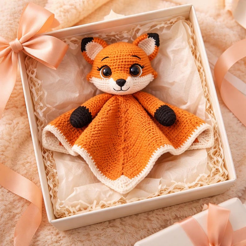 K&ouml;nnte beinhalten: Ein handgefertigter oranger Fuchs-Babyschnuffeltuch mit schwarzen Akzenten an Pfoten und Ohren und einem wei&szlig;en Rand. Der Fuchs wird in einer wei&szlig;en Geschenkbox mit einem pfirsichfarbenen Band pr&auml;sentiert. Der Fuchs hat gro&szlig;e, ausdrucksstarke Augen und ein s&uuml;&szlig;es L&auml;cheln.
