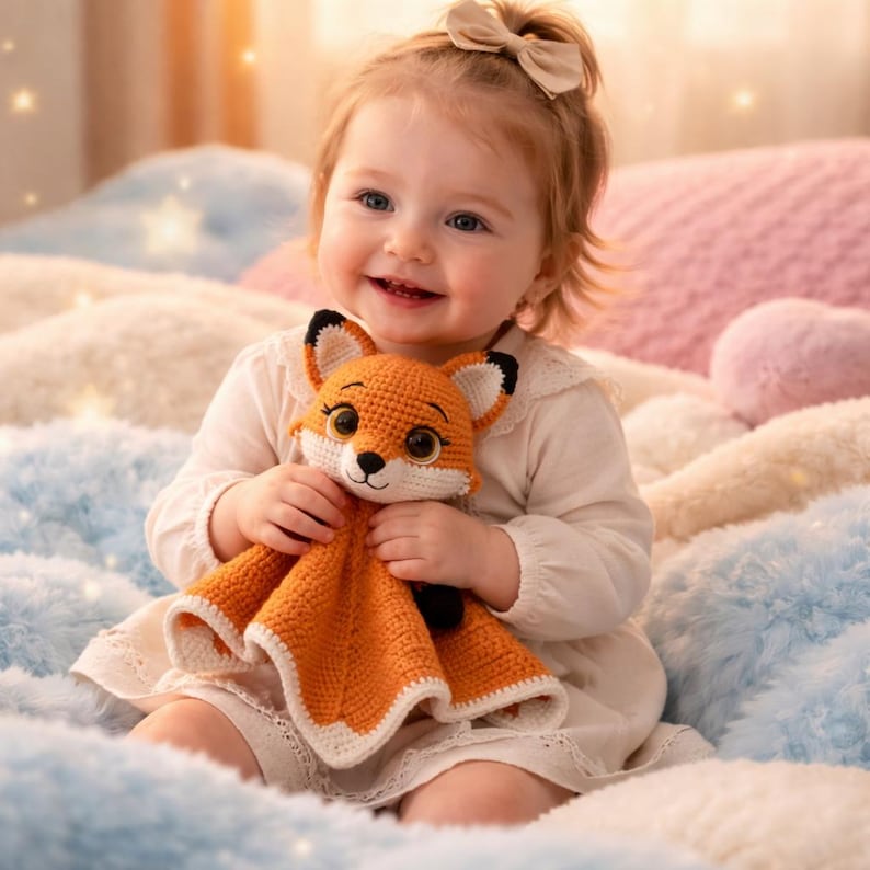 K&ouml;nnte beinhalten: Eine geh&auml;kelte orangefarbene Fuchs-Schnuffeldecke mit wei&szlig;en Verzierungen und schwarzen Akzenten. Der Fuchs hat gro&szlig;e, ausdrucksstarke Augen und wird von einem l&auml;chelnden Kind gehalten. Die Decke ist weich und kuschelig.