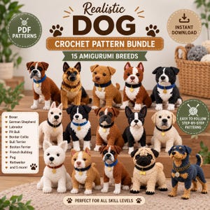 Pode incluir: Um pacote digital de 15 padrões de crochê amigurumi de cães de várias raças como Boxer, Pastor Alemão e Pug. A imagem exibe figuras de cães em crochê com coleiras e etiquetas, acompanhadas por rótulos de texto e ícones de download.