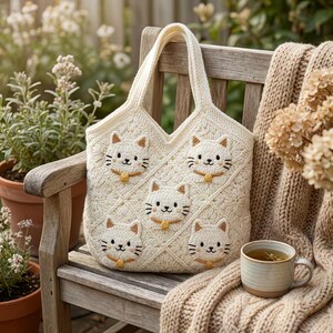 May include: Cream-colored, crocheted tote bag featuring five embroidered cat faces with tan ears and gold collars. The bag has a diamond pattern and a sturdy handle. The bag is sitting on a wooden bench with a knitted blanket and a cup of tea.