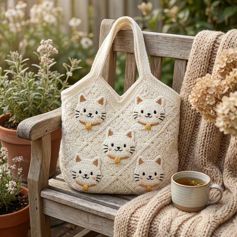 May include: Cream-colored, crocheted tote bag featuring five embroidered cat faces with tan ears and gold collars. The bag has a diamond pattern and a sturdy handle. The bag is sitting on a wooden bench with a knitted blanket and a cup of tea.