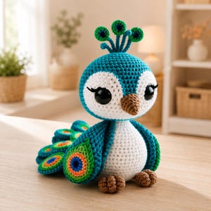 May include: A handmade crochet peacock doll with a blue head and body, white face, and a brown beak. The peacock has large black eyes, a fan-shaped tail, and small brown feet. The peacock's tail feathers are blue, green, orange, and yellow.