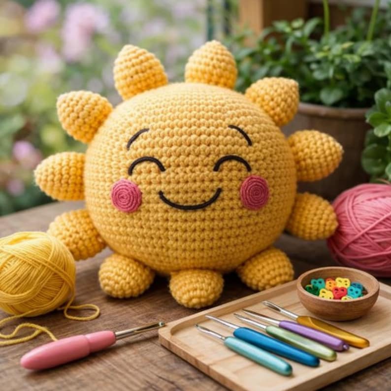 Handgjord virkad solplysch | Söt amigurumi solskensdocka | Mjuk gul leende leksak | Barnkammardekoration | Mysig heminredning bild 8