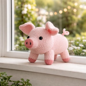 Può includere: Un maialino all'uncinetto rosa chiaro fatto a mano, con dettagli rosa scuro sul muso, sulle orecchie e sui piedi. Il maialino ha occhi neri e una coda arricciata. È appoggiato su un davanzale bianco.