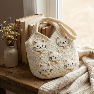 May include: Cream-colored, crocheted tote bag featuring five embroidered cat faces with yellow collars. The bag has a diamond pattern and a shoulder strap. The bag is sitting on a wooden surface next to a vase of dried flowers and a stack of books.