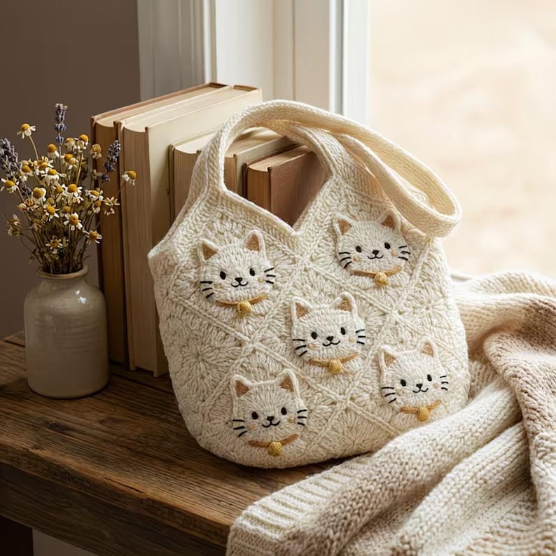 May include: Cream-colored, crocheted tote bag featuring five embroidered cat faces with yellow collars. The bag has a diamond pattern and a shoulder strap. The bag is sitting on a wooden surface next to a vase of dried flowers and a stack of books.