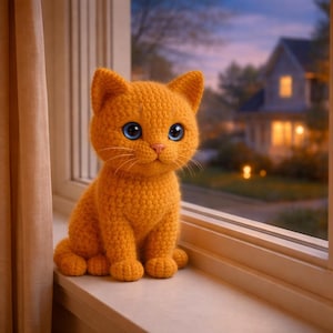 May include: An orange crocheted cat with large blue eyes sits on a windowsill. The handmade cat has a pink nose and white whiskers. The background shows a house and trees.