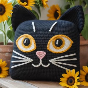 Könnte beinhalten: Ein schwarzes, quadratisches Katzenkissen mit großen, ausdrucksstarken Augen in Gelb und Weiß, einer rosa Nase und weißen, gestickten Schnurrhaaren. Gelbe Sonnenblumen umgeben das Kissen und schaffen eine handwerkliche Atmosphäre.
