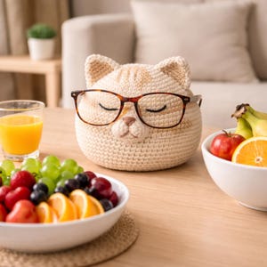 May include: A crocheted cat-shaped basket wearing eyeglasses, with a bowl of fruit and a glass of orange juice on a wooden table. The basket is beige with brown accents, and the glasses have a tortoiseshell frame. A bowl of fruit includes strawberries, grapes, and orange slices.