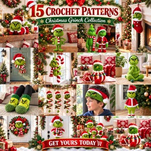 15 Grinch-virkmönster, julsamling med Grinch-mönster i PDF-format, virkmönster för högtider, amigurumi, ornament, strumpor, kransar och presenter