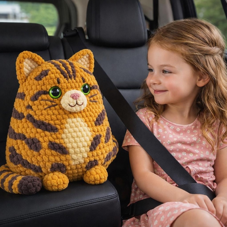 May include: A crocheted cat-shaped pillow in a car seat. The pillow is orange with brown stripes, green eyes, and a cream-colored belly. A young girl in a pink dress is seated next to the pillow, wearing a seatbelt.
