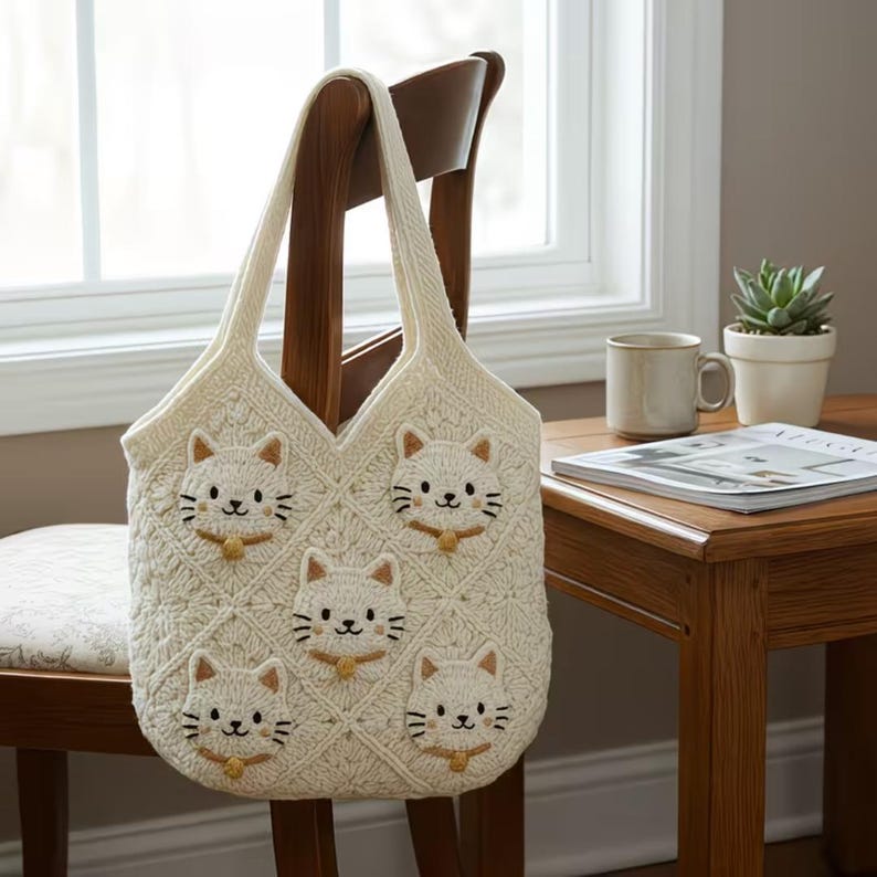May include: Cream-colored crochet tote bag featuring five embroidered cat faces. The bag has a diamond pattern and a sturdy handle. The cat faces have brown ears, whiskers, and a small gold-colored collar. The bag is hanging on a wooden chair.