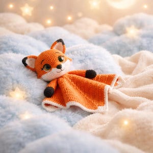 K&ouml;nnte beinhalten: Ein orangefarbenes, geh&auml;keltes Fuchstuch mit wei&szlig;en R&auml;ndern und schwarzen Akzenten. Der Fuchs hat gro&szlig;e Augen und liegt auf einer weichen, flauschigen blauen und cremefarbenen Decke. Der Hintergrund zeigt sanfte Beleuchtung und sternf&ouml;rmige Lichter.