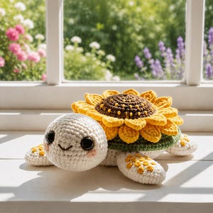 May include: A crocheted turtle with a sunflower shell. The turtle's head is white with black eyes and rosy cheeks. The sunflower shell has yellow petals and a brown center. The turtle's feet are white with yellow accents.