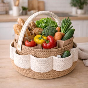 May include: A crocheted basket filled with fresh produce and bread. The basket is tan with white scalloped pockets and a white handle. Vegetables include tomatoes, peppers, broccoli, carrots, and cucumbers. Breads are in paper bags.