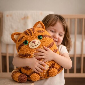 May include: A crocheted orange and brown cat plush toy with green eyes and a smiling face. The handmade stuffed animal has striped details and is being held by a person. The toy is a soft, cuddly item.