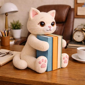 以下が含まれることがあります： 大きな茶色の目とピンクのアクセントが付いた、クリーム色の手編みの猫の置物。3冊の本を抱えています。猫の足にはピンク色の肉球があります。本は青、オレンジ、クリーム色です。猫は木製の机の上に座っています。