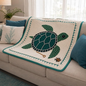 May include: A square cream-colored crochet blanket featuring a large dark green sea turtle motif in the center. The blanket has a decorative teal and cream border, a small brown crocheted crab near the bottom right, and a thin brown yarn loop.