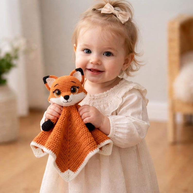 K&ouml;nnte beinhalten: Geh&auml;kelte Fuchs-Kuscheldecke in Orange, Wei&szlig; und Schwarz. Der Fuchs hat ein freundliches Gesicht und ist an einer quadratischen Decke befestigt. Ein weiches, handgefertigtes Produkt f&uuml;r Babys und Kleinkinder.