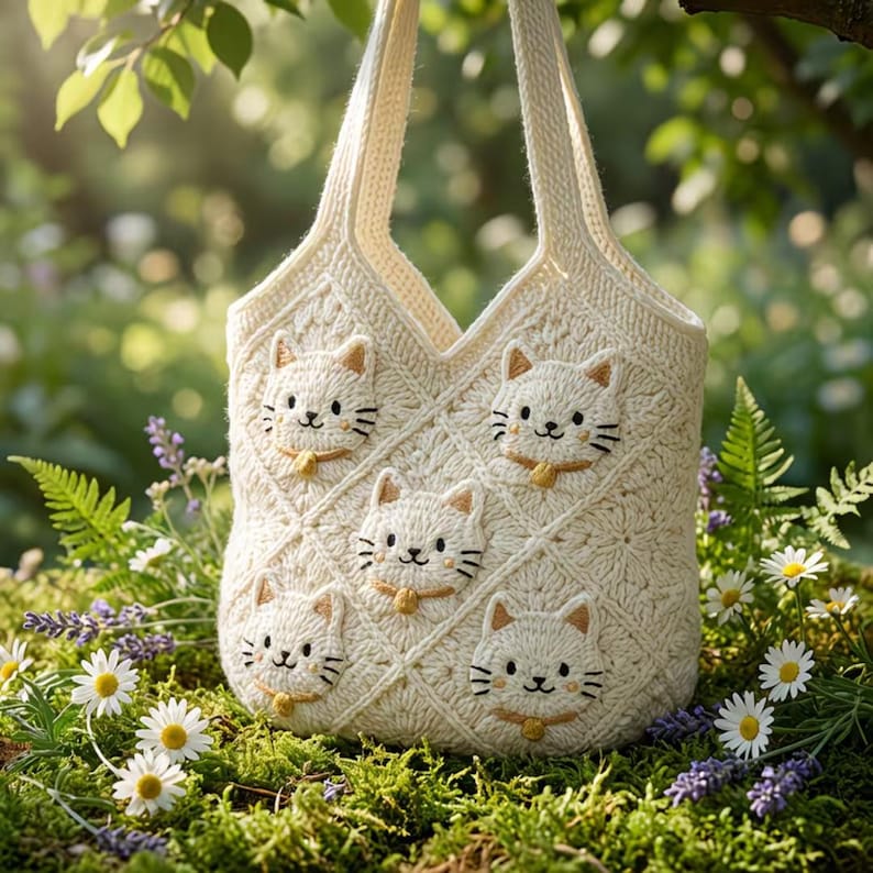 May include: Cream-colored crochet tote bag featuring embroidered cat faces with gold collars. The bag has a diamond pattern and sturdy handles. The bag is sitting on a bed of green moss and surrounded by flowers.