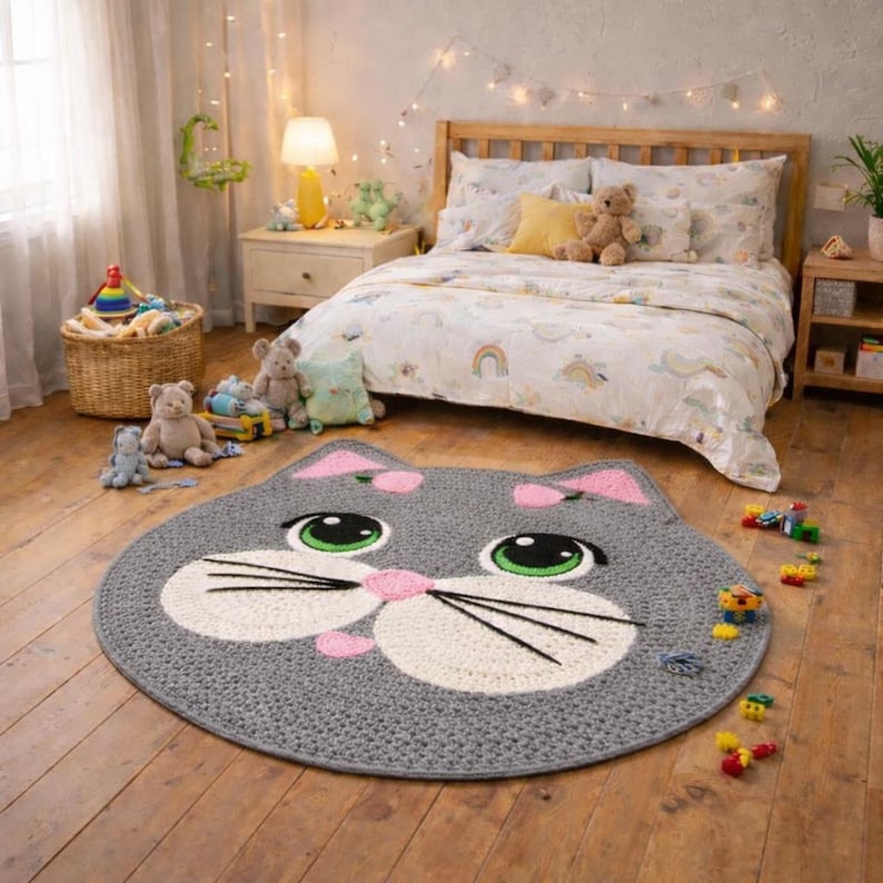 May include: A round, gray cat-shaped rug with a white face, pink accents, and large green eyes. The rug is placed on a wooden floor in a child's bedroom, with a bed and toys visible in the background.