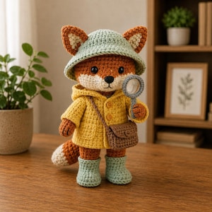 May include: A crocheted fox doll wearing a yellow jacket, green hat, and boots, holding a magnifying glass. The fox has orange and white fur, a brown satchel, and a white and orange tail. The doll is standing on a wooden surface.