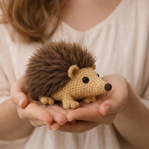 Pode incluir: Um brinquedo de ouriço feito à mão em crochê. O ouriço tem um corpo bege, pelo castanho e pontiagudo, olhos pretos e um nariz castanho. O brinquedo é segurado em mãos abertas.