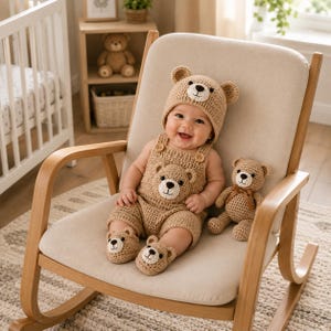 May include: A light brown crochet baby outfit consisting of a bear-themed hat with ears, a sleeveless romper with a bear face appliqué on the chest, and matching bear-faced booties. A small matching crochet teddy bear toy is included.