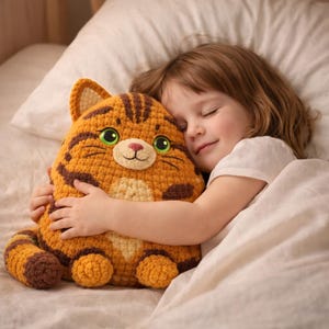 May include: A crocheted orange and brown cat-shaped pillow with green eyes and a pink nose. The pillow has brown stripes and is being hugged. The pillow is on a bed with a white pillow and blanket.