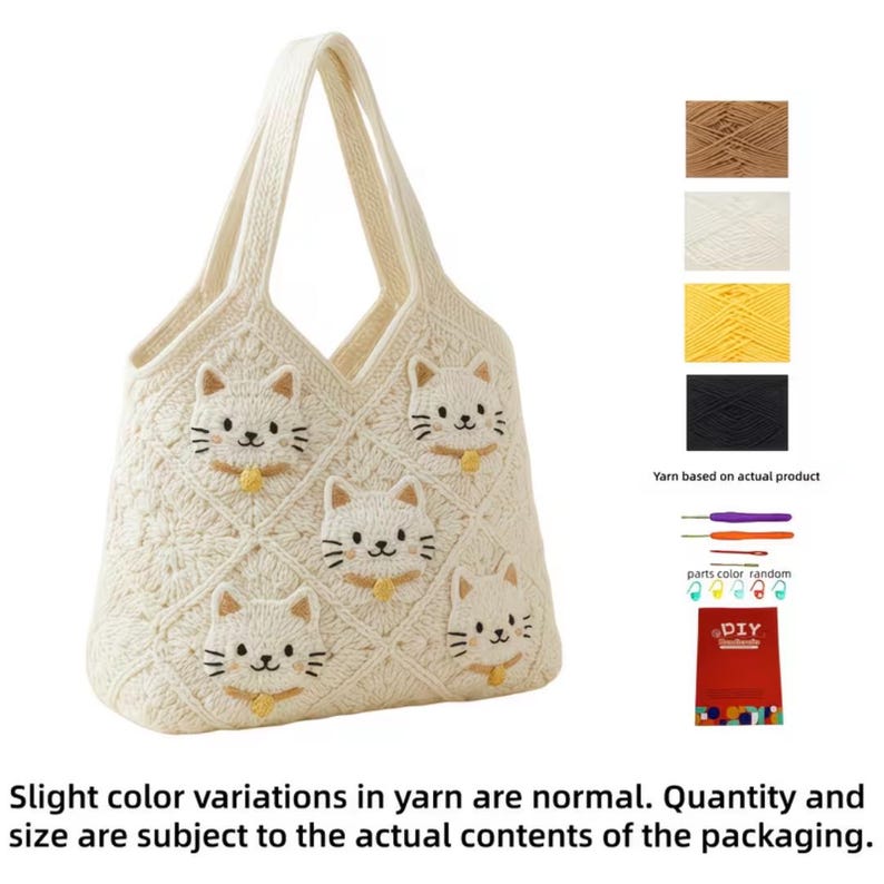 May include: Cream-colored crochet tote bag featuring embroidered cat faces with yellow collars. The bag has two handles and a diamond pattern. The image also shows yarn colors, crochet hooks, and a DIY kit. Text on the image reads: "Slight color variations in yarn are normal."