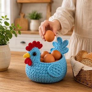 May include: A light blue crocheted chicken-shaped basket featuring a bright red comb and wattle, a yellow beak, and black button eyes. The basket is filled with several brown eggs, with one additional brown egg held above the opening.