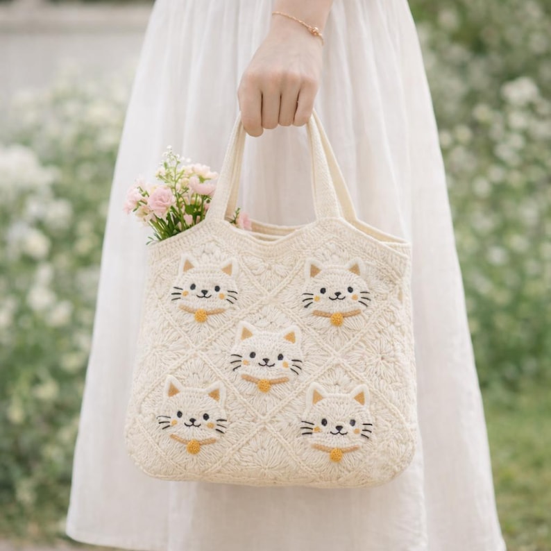 May include: Cream-colored, crocheted tote bag featuring embroidered cat faces. The bag has a diamond pattern and a small bouquet of pink flowers inside. The cat faces have black whiskers and eyes, and a yellow collar. The bag is held by a person wearing a white dress.