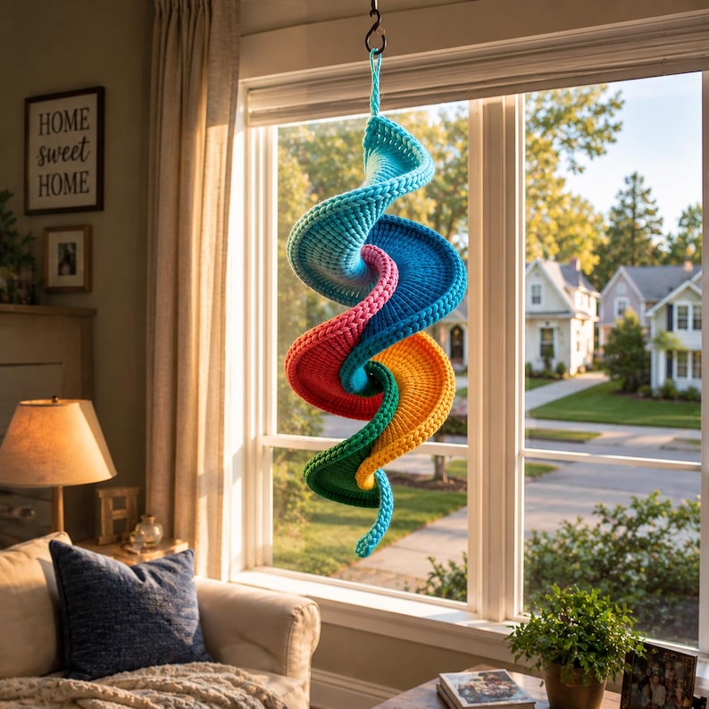 May include: A hanging spiral decoration crafted from crocheted yarn in a vibrant gradient of colors including turquoise, pink, orange, and yellow. The structure features a continuous, twisted, tubular shape suspended from a small metal hook.