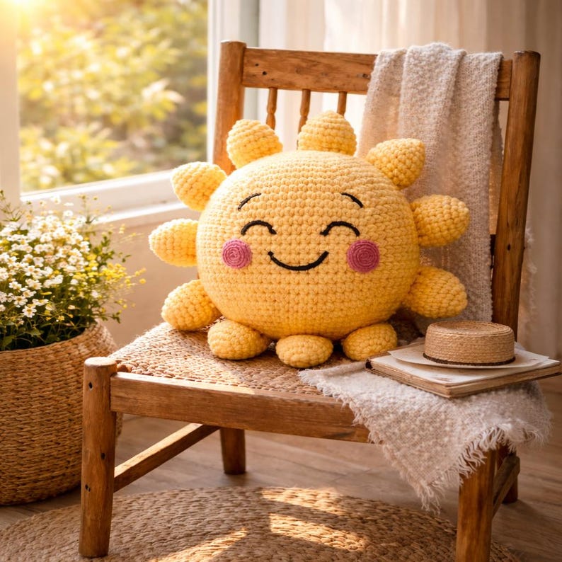 Handgjord virkad solplysch | Söt amigurumi solskensdocka | Mjuk gul leende leksak | Barnkammardekoration | Mysig heminredning bild 3