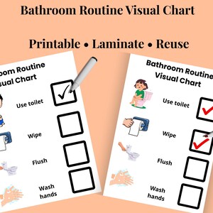 May include: Two printable bathroom routine visual charts with illustrations and the text "Bathroom Routine Visual Chart". The charts include steps like "Use toilet", "Wipe", "Flush", and "Wash hands". One chart has a checkmark next to "Use toilet".