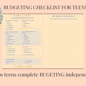 May include: A budgeting checklist for teens, featuring a "My Weekly Money Plan" template with sections for income, expenses, and savings. The image includes a stack of $100 bills and text that reads "Helps teens complete BUGETING independently."