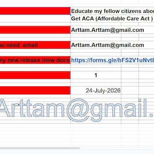 Peut inclure: Un document tableur avec des lignes d'en-tête rouges contenant du texte sur les subventions ACA, l'e-mail de contact Arttam.Arttam@gmail.com, un lien de notification, le numéro de version 1 et la date de mise à jour 24-juillet-2026.