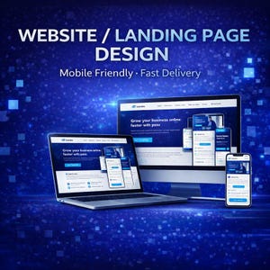 May include: A digital illustration showcasing website and landing page design. The image features a laptop, desktop monitor, and smartphone displaying a website interface. Text includes "WEBSITE / LANDING PAGE DESIGN" and "Mobile Friendly • Fast Delivery."