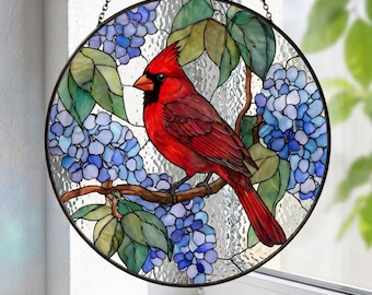 Red Cardinal Stained Glass Suncatcher, Blue Hydrangea Bird Window Hanging, Nature Lover Gift, Cardinal Memorial Decor, Garden Glass Art