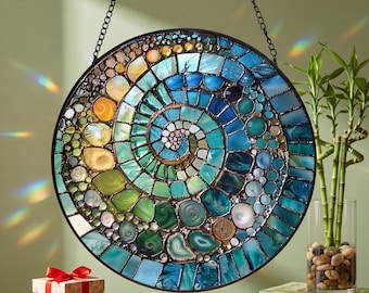 Abstract Rainbow Shell Spiral Suncatcher, Stained Glass Coastal Beach Decor, Ocean Inspired Window Hanging Gift
