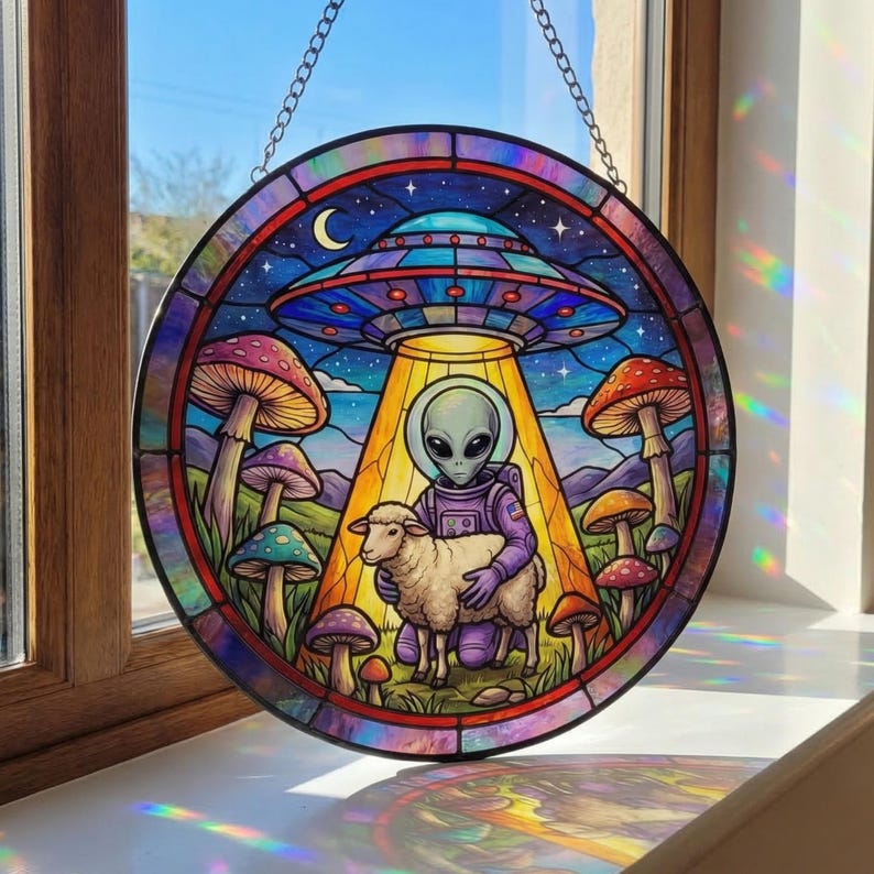Alien Abduction Stained Glass Suncatcher, UFO Alien Window Hanging ...