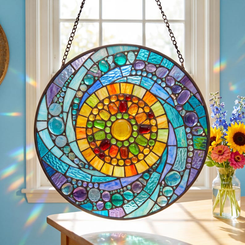 Rainbow Spiral Stained Glass Suncatcher, Abstract Circle Window Hanging ...